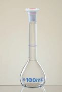 Volumetric flask, class A, 50 ml, 14.5/23 NS with plastic stopper, painted blue
