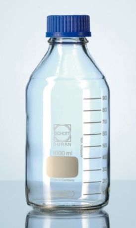 White laboratory bottle with blue cap, Duran