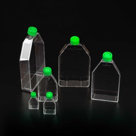 Graduated, sterile culture flask with two types of caps