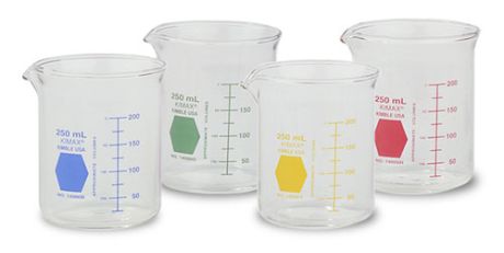 Colorful low form beaker with graduation and spout