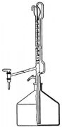 Automata büretta, üvegcsappal, A jelű, Schellbach csíkkal, 50 ml, 2 l-es fehér üvegtartállyal