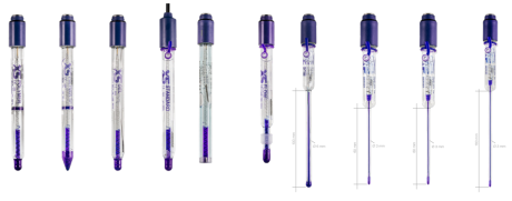General purpose laboratory electrodes, from left to right: Polymer, Polymer TIP, GEL, Standard, Flat, Flow, Semi Micro, Micro, Micro P, Micro Special