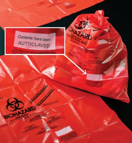 PP bag usable up to 138 °C, with built-in sterility indicator