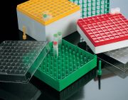 Cryovial rack with lid, PP, 10x10 holes, yellow