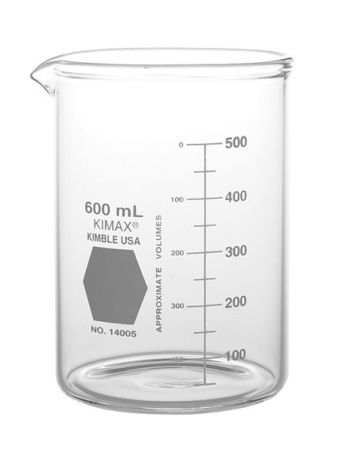 Low form  beaker with thick wall, graduation and spout
