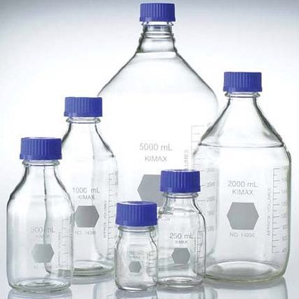 White laboratory bottle with blue cap, Kimble