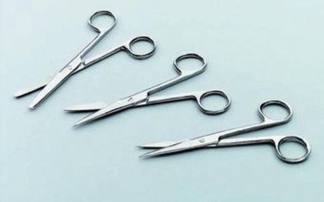 Laboratory scissors with short blade, with three types of end